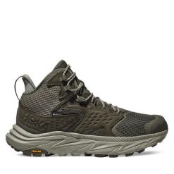 Trekkingi Hoka. Szare botki sznurowane HOKA, bez wzorów, z gore-texu, bez obcasa, bez zapięcia. Za 599.99 zł.