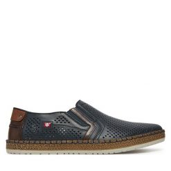 Półbuty Rieker. Niebieskie eleganckie półbuty Rieker, bez wzorów, bez obcasa, bez zapięcia. Za 359.99 zł.