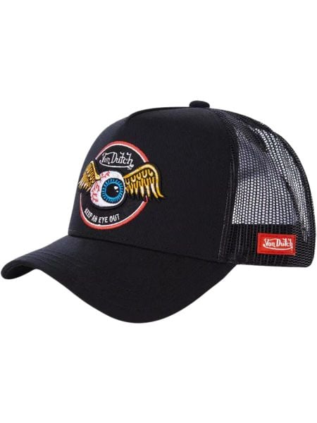 Czapka Trucker Von Dutch Rag Keep An Eye Out - czarna. Czarne czapki z daszkiem Von Dutch, z aplikacjami, z materiału. Za 168.85 zł.