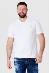 GUESS Biała męska koszulka polo z żółtym logo, Rozmiar M. Białe koszulki polo sportowe Guess, m, z aplikacjami, bez kołnierzyka, bez ramiączek. W wyprzedaży za 159.99 zł.