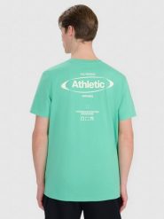 4F T-shirt regular z nadrukiem męski - zielony L. Zielone t-shirty 4F, l, bez wzorów, z bawełny, bez kołnierzyka, bez ramiączek. W wyprzedaży za 39.99 zł.