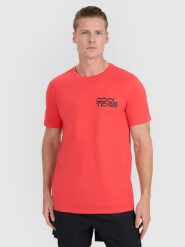 4F T-shirt regular z nadrukiem męski - czerwony L. Czerwone t-shirty 4F, l, bez wzorów, z bawełny, bez kołnierzyka, bez ramiączek. Za 59.99 zł.