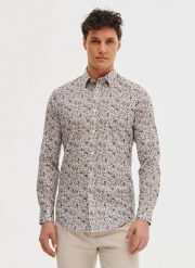 PAKO LORENTE - Koszula męska w pomarańczowe i niebieskie kwiaty. Brązowe koszule Pako Lorente, m, bez wzorów, z bawełny, bez kołnierzyka, bez ramiączek. Za 119.99 zł.