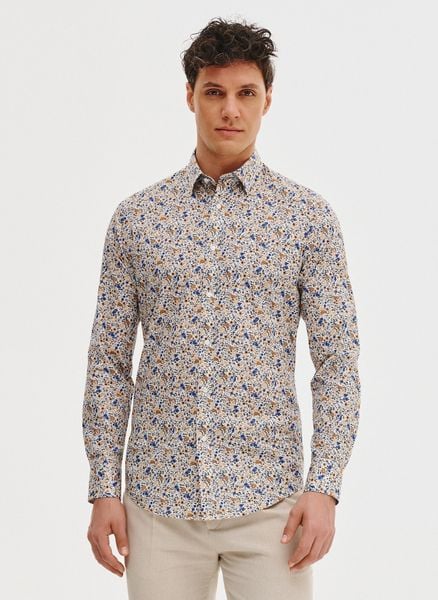 PAKO LORENTE - Koszula męska w pomarańczowe i niebieskie kwiaty. Brązowe koszule Pako Lorente, m, bez wzorów, z bawełny, bez kołnierzyka, bez ramiączek. Za 119.99 zł.