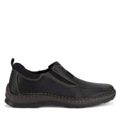 Półbuty Rieker. Czarne eleganckie półbuty Rieker, bez wzorów, bez obcasa, bez zapięcia. Za 399.99 zł.