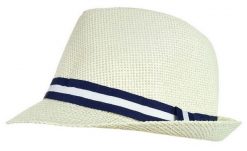 Letni Wakacyjny Męski Kapelusz, Jasny Beżowy, Trilby, Granatowo-Biały Pasek, Pako Jeans. Białe kapelusze Pako Jeans, bez wzorów, z jeansu, klasyczne. Za 45.00 zł.