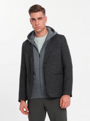 Męska marynarka casual z ozdobnym pinem na klapie - grafitowy melanż V2 OM-BLZB-0120 - L. Szare garnitury Ombre Clothing, na co dzień, l, bez wzorów, z poliesteru, casualowe. W wyprzedaży za 139.99 zł.