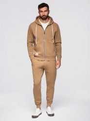 Komplet dresowy męski set bluza rozpinana z kapturem + spodnie joggery - camel V2 - Rozmiar: XXL. Brązowe bluzy Ombre Clothing, m, z aplikacjami, z bawełny, z kapturem. Za 339.99 zł.