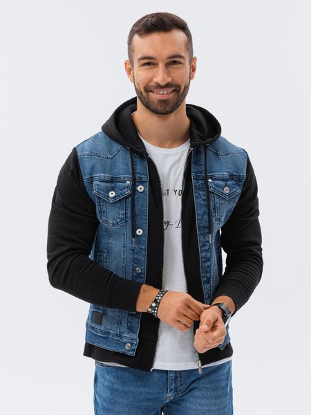 Kurtka męska jeansowa katana z kapturem - niebiesko-czarna. Czarne kurtki Ombre Clothing, l, bez wzorów, z bawełny, z kapturem. W wyprzedaży za 149.99 zł.