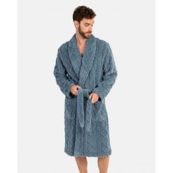 Szlafrok męski polarowy L746311- XL długi szaro-niebieski warkocz. Niebieskie szlafroki Massana Homewear, l, bez wzorów, z polaru, bez ramiączek, długie, bez kaptura. Za 339.00 zł.
