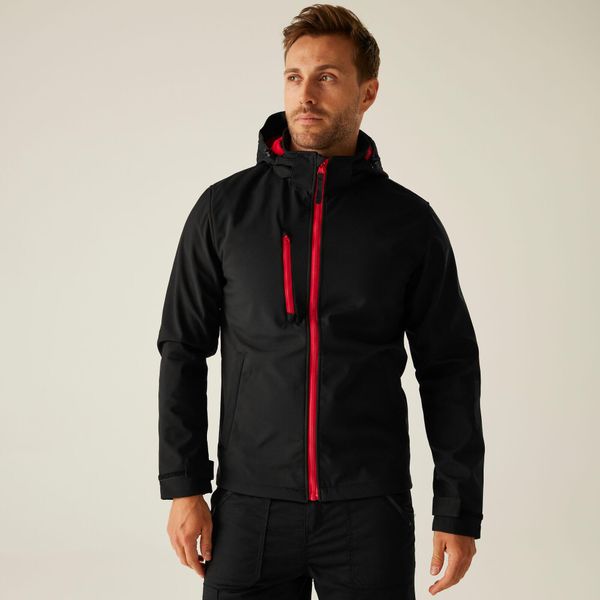 Męska 3-warstwowa kurtka softshell z kapturem Venturer z nadrukiem. Szare kurtki Regatta, na zimę, m, bez wzorów, z poliesteru, z kapturem. Za 269.99 zł.