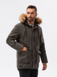 Kurtka męska zimowa parka z dużymi kieszeniami - oliwkowa V1 C512 - L. Zielone kurtki Ombre Clothing, na zimę, l, bez wzorów, z bawełny, bez kaptura. W wyprzedaży za 119.99 zł.