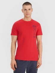 4F T-shirt regular z nadrukiem męski - czerwony L. Czerwone t-shirty 4F, l, bez wzorów, z bawełny, bez kołnierzyka, bez ramiączek. Za 49.99 zł.