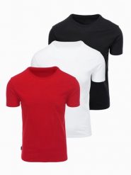 Zestaw bawełnianych t-shirtów męskich BASIC z okrągłym dekoltem – czarny/biały/dark red V6 - Rozmiar: L. Białe t-shirty Ombre Clothing, l, bez wzorów, z bawełny, bez kołnierzyka, bez ramiączek. W wyprzedaży za 97.99 zł.