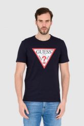 GUESS T-shirt granatowy slim fit. Niebieskie t-shirty Guess, l, z aplikacjami, bez kołnierzyka, bez ramiączek. W wyprzedaży za 122.99 zł.