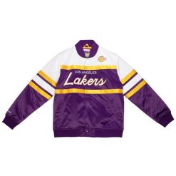 Bluza dresowa zapinana na guziki Los Angeles Lakers. Fioletowe bluzy Mitchell & Ness, bez wzorów, z dresówki, bez kaptura. W wyprzedaży za 446.00 zł.