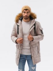 Kurtka męska zimowa C514 - beżowa - XXL. Brązowe kurtki Ombre Clothing, na zimę, m, bez wzorów, bez kaptura. W wyprzedaży za 119.99 zł.