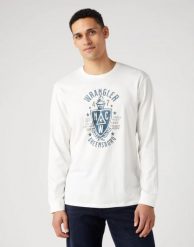 WRANGLER AMERICANA TEE MĘSKA KOSZULKA Z DŁUGIM RĘKAWEM LONGSLEEVE WHISPER WHITE 112341143 W70Q017924. Białe bluzki z długim rękawem Wrangler, m, bez wzorów, bez kołnierzyka, bez ramiączek. Za 119.99 zł.