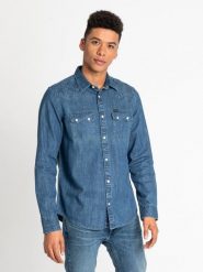 MĘSKA KOSZULA JEANSOWA LEE RIDER SHIRT DIPPED BLUE L851PLLA 112122519. Niebieskie koszule Lee, l, bez wzorów, z jeansu, bez kołnierzyka, bez ramiączek. Za 159.99 zł.