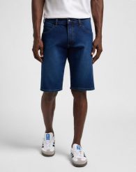 WRANGLER MĘSKIE SZORTY RUSTLER SHORT DARK WASH 112356515 W10H018377. Niebieskie szorty Wrangler, m, bez wzorów, z bawełny, biznesowe. Za 139.99 zł.
