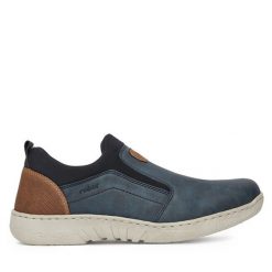 Półbuty Rieker. Niebieskie eleganckie półbuty Rieker, bez wzorów, bez obcasa, bez zapięcia. Za 229.99 zł.