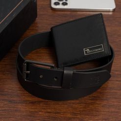 Zestaw prezentowy męski skórzany pasek portfel pudełko premium czarny Beltimore Z22. Czarne portfele bez wzorów. Za 129.99 zł.