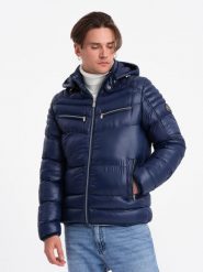 Mocno ocieplona pikowana kurtka męska z odpinanym kapturem – granatowa V2 OM-JAHP-22FW-010 - XXL. Niebieskie kurtki Ombre Clothing, l, z aplikacjami, z materiału. W wyprzedaży za 129.99 zł.