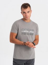 T-shirt męski bawełniany z nadrukiem - szary V2 OM-TSPT-0160 - S. Szare t-shirty Ombre Clothing, m, bez wzorów, z bawełny, bez kołnierzyka, bez ramiączek. W wyprzedaży za 29.99 zł.