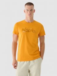 4F T-shirt regular z nadrukiem męski - pomarańczowy L. Brązowe t-shirty 4F, l, bez wzorów, z bawełny, bez kołnierzyka, bez ramiączek. W wyprzedaży za 29.99 zł.