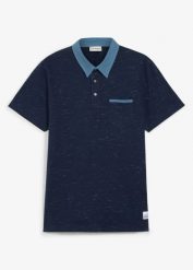 Koszulka polo z krótkim rękawem i kołnierzykiem z dzianiny. Niebieskie koszulki polo bonprix, l, bez wzorów, z denimu, bez kołnierzyka, bez ramiączek. Za 82.99 zł.