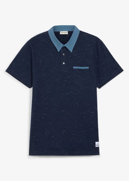 Koszulka polo z krótkim rękawem i kołnierzykiem z dzianiny. Niebieskie koszulki polo bonprix, l, bez wzorów, z denimu, bez kołnierzyka, bez ramiączek. Za 82.99 zł.