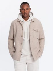 Lekka flauszowa męska kurtka z dodatkiem wiskozy – beżowa V1 OM-JANP-0199 - XXL. Brązowe kurtki Ombre Clothing, m, bez wzorów, z materiału, bez kaptura. Za 227.49 zł.