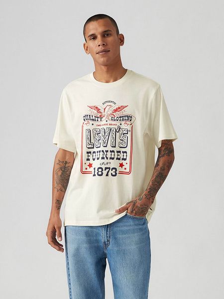 Levi's Koszulka w kolorze kremowym ze wzorem rozmiar: M. Brązowe bezrękawniki Levi's®, m, bez wzorów, z bawełny, bez kołnierzyka, bez ramiączek. Za 65.54 zł.