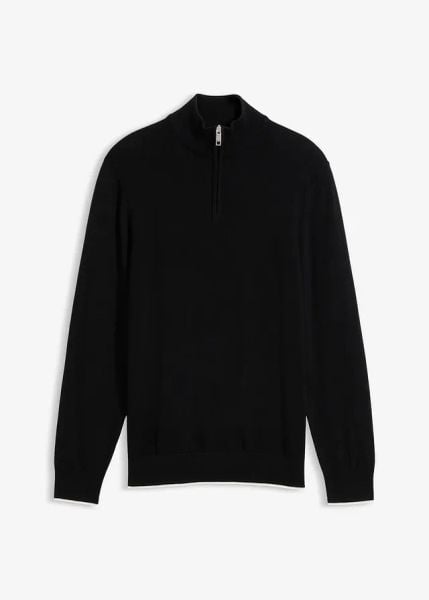 Elegancki sweter ze stójką z bawełny. Czarne swetry nierozpinane bonprix, m, bez wzorów, z bawełny, bez kołnierzyka, bez ramiączek. Za 109.99 zł.
