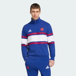 Bluza z krótkim suwakiem Francja Rugby Travel. Niebieskie bluzy bez kaptura Adidas, xl, bez wzorów, z bawełny, bez kaptura. Za 399.00 zł.