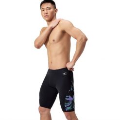Spodenki pływackie męskie Speedo Ml Printed Side Spliced Jammer Am. Czarne odzież kąpielowa Speedo, m, bez wzorów, sportowe. Za 239.99 zł.