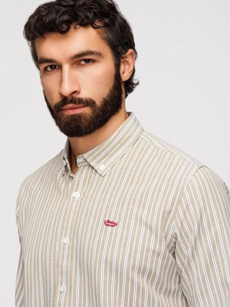 Bawełniana koszula męska REGULAR FIT w drobne paski – beżowa V1. Brązowe koszule Ombre Clothing, m, bez wzorów, z bawełny, bez kołnierzyka, bez ramiączek. Za 189.99 zł.