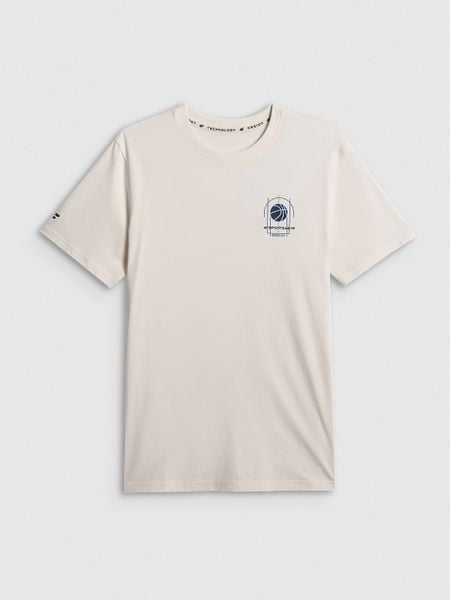 4F T-shirt regular z nadrukiem męski - beżowy L. Brązowe t-shirty 4F, l, bez wzorów, z bawełny, bez kołnierzyka, bez ramiączek. Za 59.99 zł.