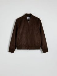 Kurtka bomber z imitacji zamszu - ciemnobrązowy. Brązowe kurtki Reserved, l, bez wzorów, z zamszu, bez kaptura. Za 219.99 zł.