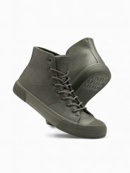 Wysokie buty męskie trampki z gumowym noskiem – oliwkowe V4 OM-FOSH-0138 - 46. Zielone trampki Ombre Clothing, m, z aplikacjami, bez zapięcia. Za 119.99 zł.