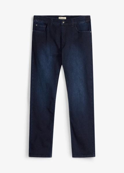 Jeansy o kroju slim z elastyczną wstawką w pasie, straight. Niebieskie jeansy bonprix, m. Za 147.99 zł.