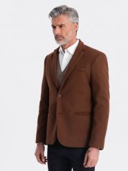 Marynarka męska casual z ozdobnymi guzikami na mankietach - czekoladowy brąz V1 - Rozmiar: XL. Brązowe garnitury Ombre Clothing, na co dzień, m, bez wzorów, casualowe. W wyprzedaży za 149.99 zł.