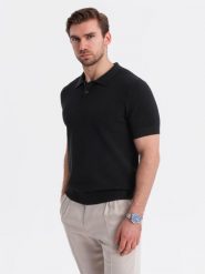 Bawełniana męska koszulka polo ze strukturalnej dzianiny – czarna V5 OM-POSS-0117 - XXL. Czarne koszulki polo sportowe Ombre Clothing, l, bez wzorów, z bawełny, bez kołnierzyka, bez ramiączek. W wyprzedaży za 129.99 zł.