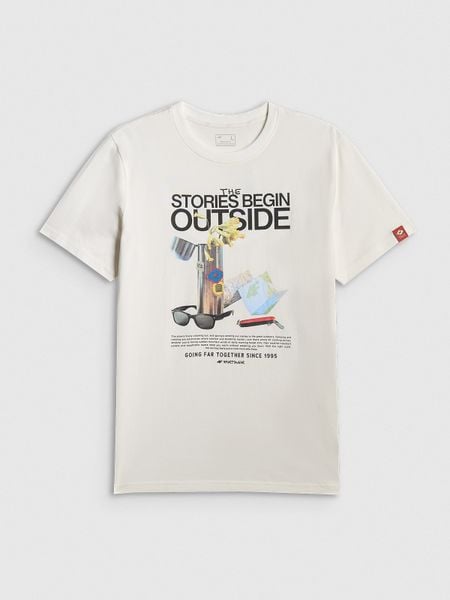 4F T-shirt regular z nadrukiem męski - biały S. Białe t-shirty 4F, m, bez wzorów, z bawełny, bez kołnierzyka, bez ramiączek. Za 79.99 zł.