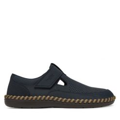 Półbuty Rieker. Niebieskie eleganckie półbuty Rieker, bez wzorów, bez obcasa, bez zapięcia. Za 379.99 zł.