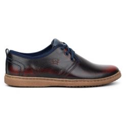 Kampol Półbuty męskie skórzane casual 22KAM bordowe czarne. Czarne eleganckie półbuty bez wzorów, ze skóry, bez obcasa, bez zapięcia. Za 362.62 zł.