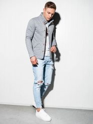 Bluza męska rozpinana bez kaptura - szara CARMELO - S. Szare bluzy Ombre Clothing, m, bez wzorów, z dzianiny, bez kaptura. W wyprzedaży za 149.99 zł.