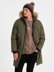Męska ocieplana kurtka alaska z kieszeniami i rozpinanym dołem – ciemnooliwkowa V3 OM-JALJ-0148 - XXL. Zielone kurtki Ombre Clothing, l, bez wzorów, z materiału, z kapturem. W wyprzedaży za 199.99 zł.