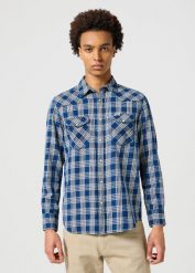 WRANGLER MĘSKA KOSZULA WESTERN INDIGO SHIRT DARK WASH 112357250 W5K9014055. Niebieskie koszule Wrangler, m, bez wzorów, bez kołnierzyka, bez ramiączek. Za 179.99 zł.