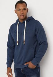 Granatowa Bluza z Bawełną i Kapturem Ozdobiona Sznurkami Arflora. Niebieskie bluzy Born2be, l, bez wzorów, z bawełny, z kapturem. W wyprzedaży za 84.99 zł.